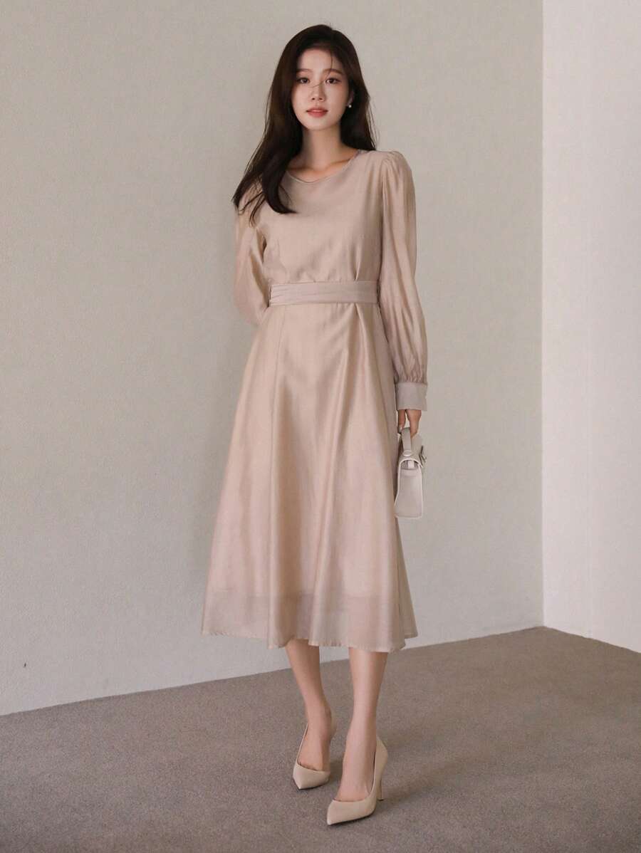 DAZY Elegant Fall Solid Color Waist Gathered Long Sleeve Long Dress, Women's Dress Elegant,Dress For Wedding - Pink - View 1
