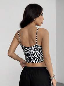 StreetHx 女士夏季蕾丝拼布 V 领修身吊带背心 图案猎豹印花 T 恤 女士上衣 - 黑與白 - 查看 2