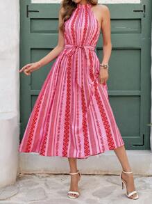 Ellevyn 夏季优雅女士复古印花长款飘逸露背系带连衣裙，夏季沙滩裙女士多巴胺吊带连衣裙 - 彩色 - 查看 3