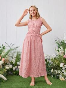 2 件套青少年女孩夏季休闲格纹荷叶边吊带上衣和简约 A 字裙 - 粉色 - 查看 5