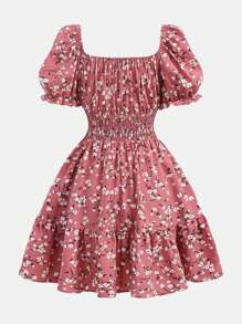 SHEIN Leap Crew Vestido con cuello cuadrado, mangas abullonadas y lazo para niña adolescente con estampado floral diminuto, para primavera/verano - Rosa - Ver 2