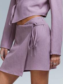 Athîral Women's Solid Color Asymmetric Hem Drawstring Waist A-Line Skirt - Purple - View 2