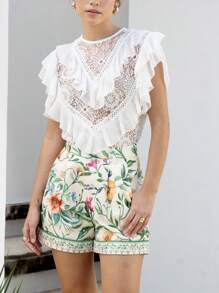 VERO DIAZ Blusa elegante con volantes de encaje y gasa blanca en estilo bohemio y de diseñador para primavera y verano, ideal para vacaciones, crucero, salir, festival, Ibiza