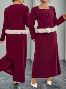Modelyn Women Square Collar Long Sleeve Patchwork Ruffle Trim Fitted Elegant Slim Top And Bodycon Skirt Set Fall Cloth For Women - Burgundy - View 1
