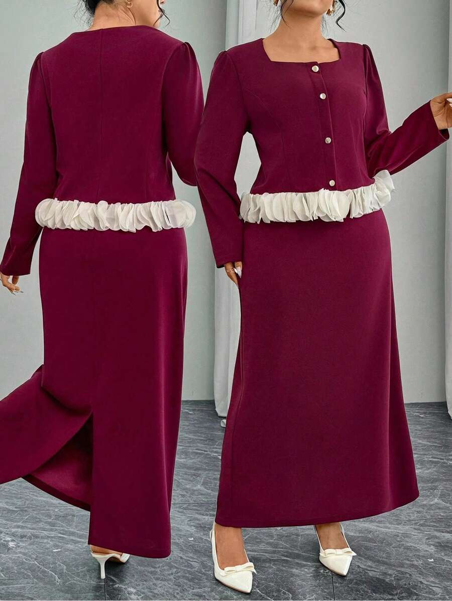 Modelyn Women Square Collar Long Sleeve Patchwork Ruffle Trim Fitted Elegant Slim Top And Bodycon Skirt Set Fall Cloth For Women - Burgundy - View 1