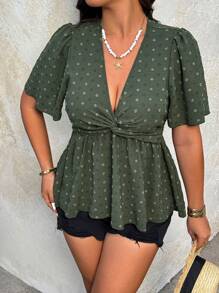 SHEIN Clasi Blusa de mujer con cuello en V profundo texturizada con pliegues delanteros de unicolor - Verde - Ver 5