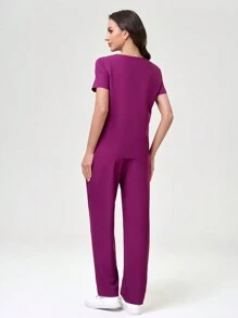 TaskEZ Color Block V-Neck Short Sleeve Top And Pants /Nurse Scrub Uniform Set - Multicolor - View 6