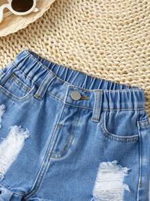Young Girl New Fashionable Ruffle Trim Distressed Washed Blue Denim Shorts, Casual - Medium Wash - View 5
