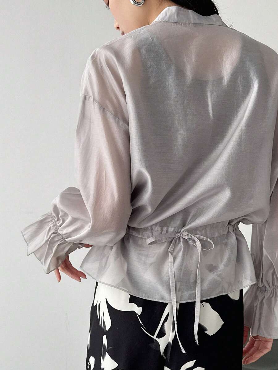 FRIFUL Women's Loose Gray Sheer Blouse Casual Wear Top, Spring,Ruffle - Grey - View 1