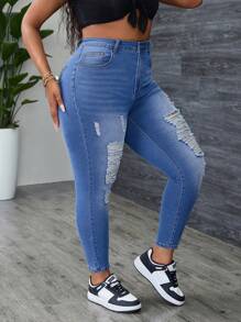 SHEIN SXY Plus Size Casual Washed Ripped Skinny Fit Jeans - Medium Wash - View 4
