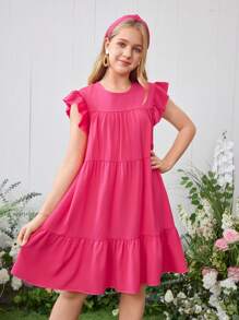 SHEIN Teen Girl Casual Solid Color Cap Sleeve Mini Dress