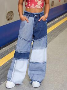 SHEIN Tween Girl Y2K Fashion Loose Fit Denim Jeans With Frayed Hem Design And Contrast Color Raw Detailed, Spring And Summer Boho - Multicolor - View 5