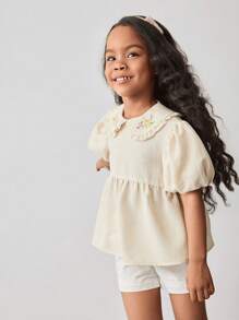 Maija Kids Áo cánh tay bồng cổ Peter Pan dáng rộng thoải mái - Màu be - Xem 3