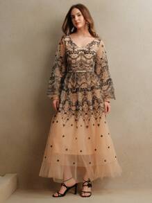 Anewsta Women's Embroidered Water-Soluble Lace Long Sleeve Party Dress, Spring Outfits For Women - Apricot - View 5