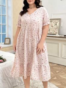 Plus Size Ditsy Floral V-Neck Plus Size Sleepshirt
