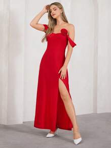 SHEIN Clasi 优雅露肩玫瑰印花修身开衩女式连衣裙，90 年代服装，红色连衣裙，优雅大方，节日 - 紅色 - 查看 7