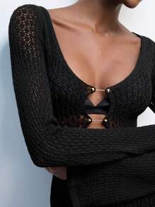 Maija Valentine's Day Ladies Spring And Summer New Style Black Crocheted Hollow Sexy Waist Tight Metal Buckle Elegant Modern Urban Daily Casual Long Dress Suitable For Going Out Festival Party Date Outfit Party Wedding Music Festival 90s Women's Clothing Bohemian Old Money - Black - View 4