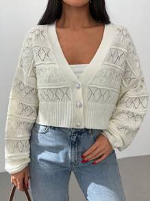 EURMUSE Cardigan court décontracté en crochet ajouré avec boutons en diamant, col en V, léger - Blanc - Voir 5