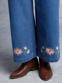 WESTFADE Spring Floral Embroidered Wide Leg Denim Overalls - Medium Wash - View 3
