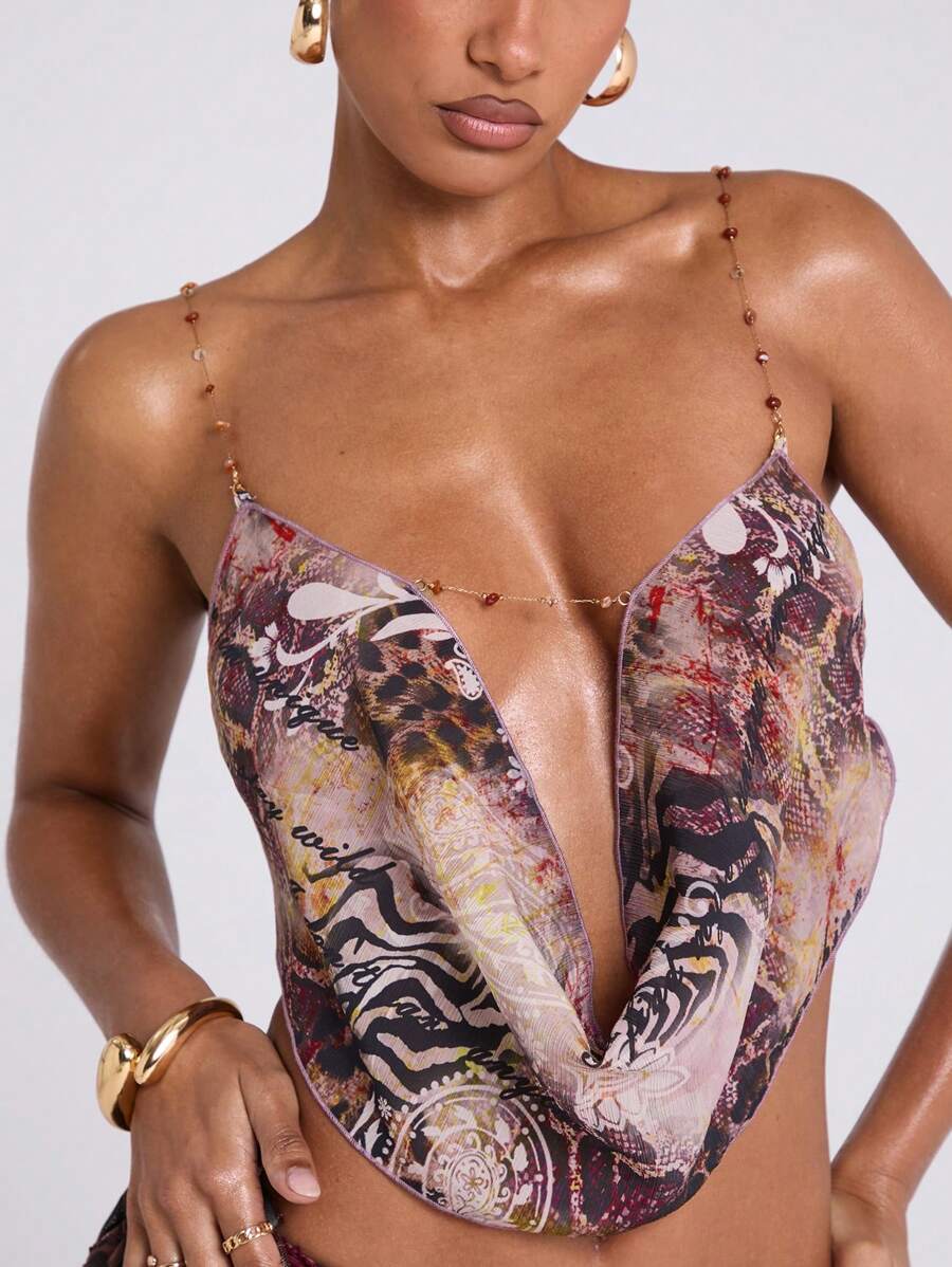 SHEIN BAE 女士春夏性感露背链条装饰低胸蛇皮印花无袖短款外出上衣，音乐节，海滩 - 棕色 - 查看 1