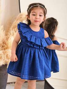 SHEIN Leap Crew Baby Girl Casual Elegant Tiered Ruffle Hem Solid Plaid Sleeveless Mini Dress, Suitable For Wedding, Party, Birthday Gift, Holiday - Blue - View 7