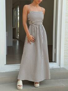 SHEIN Unity Women Casual Striped Spaghetti Strap Long Dress - Black - View 4