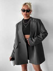 EURMUSE Plus Size Women's Plain Color Lapel Collar Long Sleeve Loose Casual Blazer - Dark Grey - View 5