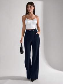 SHEIN Tall Women Solid Color Mid Waist Wide Leg Black Business Long Pants With Button Details