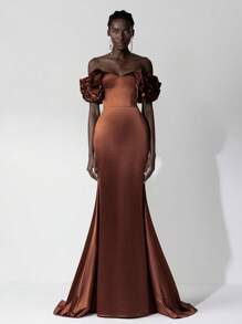 Elitara Elegant And Luxurious Off Shoulder 3D Floral Ruffles Mermaid Fitted Dress With Train, Wedding Guest Dress, Suitable For Wedding, Party, Vacation, Prom, Formal Occasion, Evening Dress,Gown