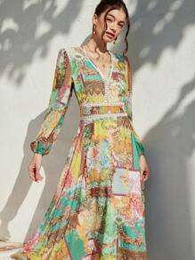 Aveloria Rosie Lace Hollow Floral Print Chiffon Romantic Spring/Summer Dress Boho Vacation Fashionable Style For Spring Fall - Multicolor - View 3