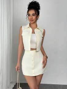 Chiquease 2pcs/Set: Collared Single-Breasted Vest And Mini Skirt - Apricot - View 4