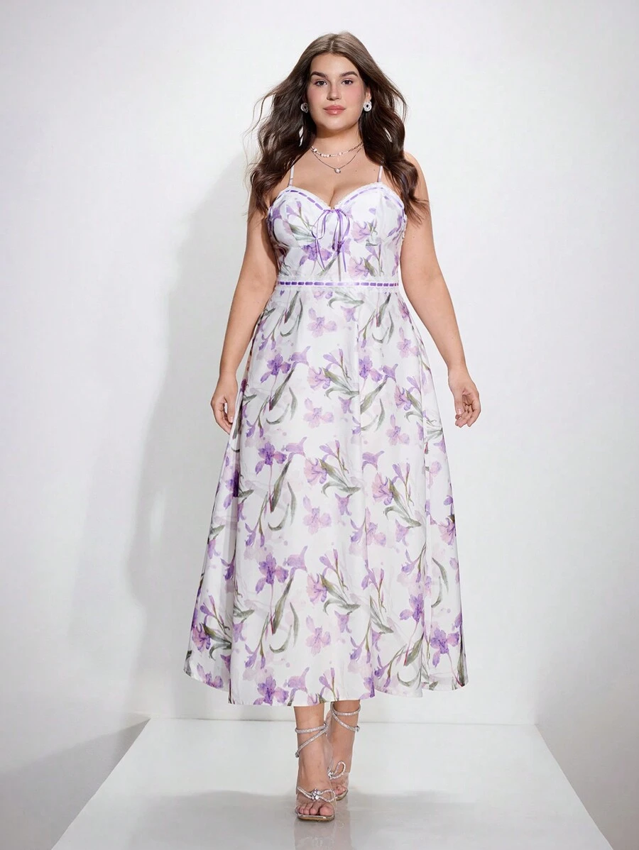 SHEIN MOD Plus Size Romantic Floral Print Fitted Slip Dress For Spring - Multicolor - View 1