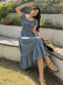 DAZY 女式方领短袖牛仔连衣裙，束腰，夏季 - 中等水洗藍 - 查看 6