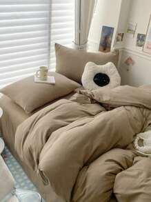 3pcs Coffee Color Comfortable Dorm Bedding Set, 1 Duvet Cover, 2 Pillow Shams Without Filler, Machine Washable