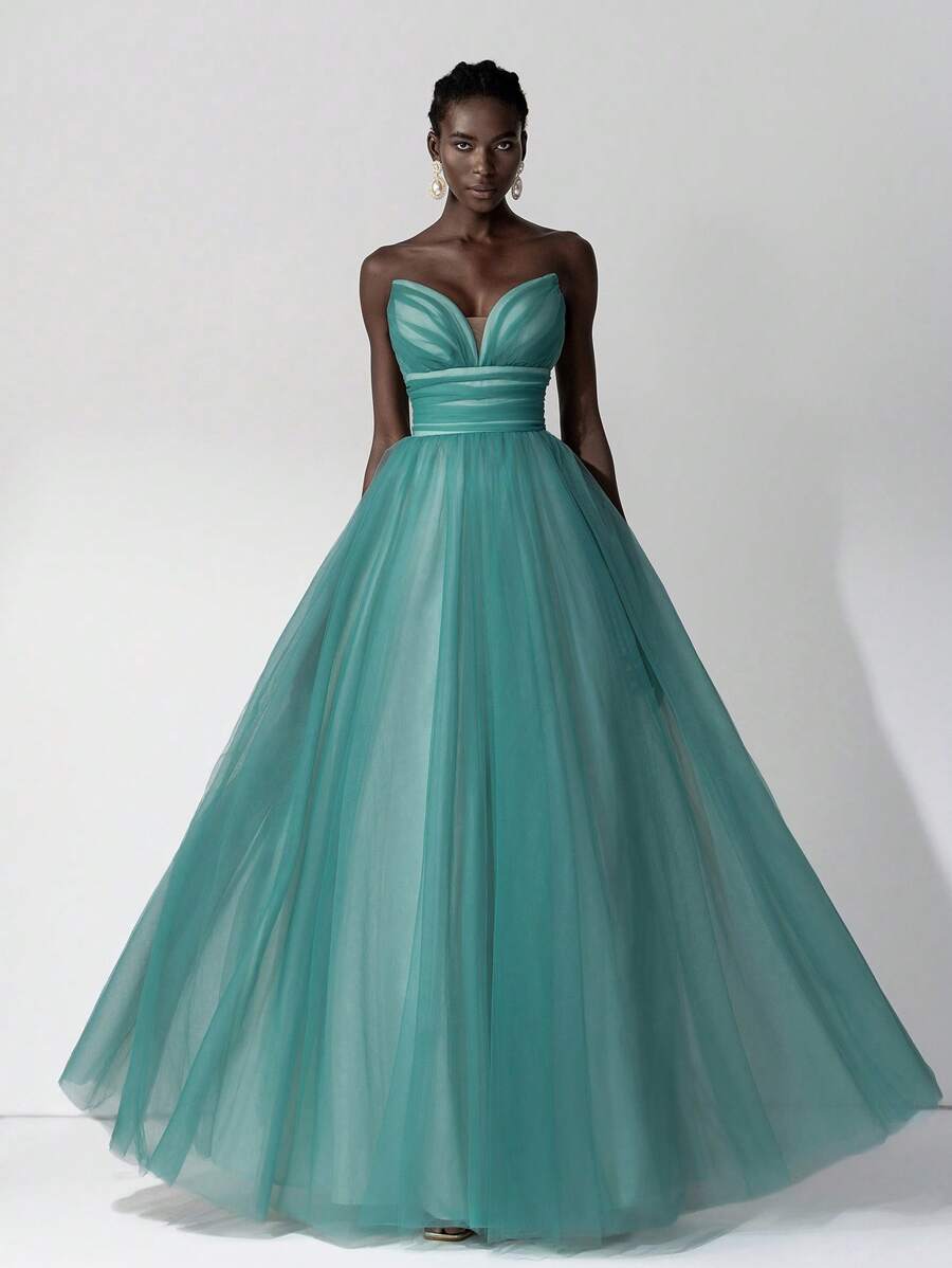 SHEIN Belle Elegante vestido de noche de tul verde bosque con escote con profunda abertura en V, detalles de lujo con cuentas y bajo asimétrico, con lazo ajustable en la espalda. Vestido de fiesta, invitada de boda, vestido formal, vestido de noche. - Verde - Ver 1