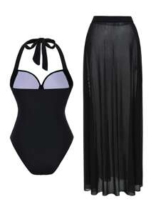 Swim Oasis Spring Break Women Fashion New Solid Color Adjustable Strap Mesh Beach Skirt & Vintage One Piece Swimsuit, Boho Festival Two-Pieces/Set For Summer Beach Vacation - Black - View 6