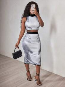 BamGleam Conjunto de Top Cropped e Saia Estilo Tie-Dye Elegante e da Moda - Cinza - Visão 6