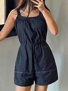 DAZY 蕾丝拼接束腰短款连体裤女士家居服睡衣 - 藏蓝色 - 查看 4