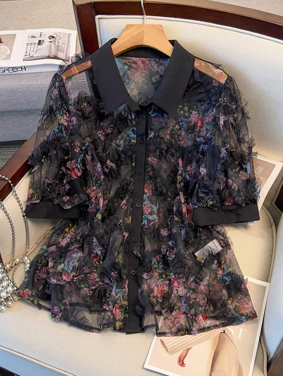 SHEIN Clasi 大码女式浪漫 3D 花卉撞色衬衫