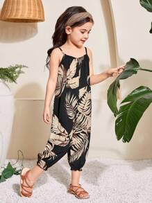 SHEIN Young Girl Woven Tropical Print Jumpsuit,Kids - Black - View 4