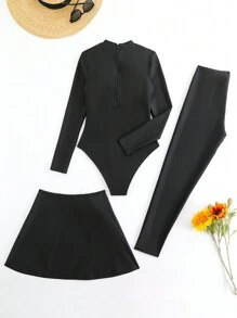 Swim Shayni 3pcs Solid Color Women Burkini Set: Round Neck Long Sleeve Swimsuit Top, Long Swim Bottoms, And Waist Floral Decor Skirt - Black - View 2