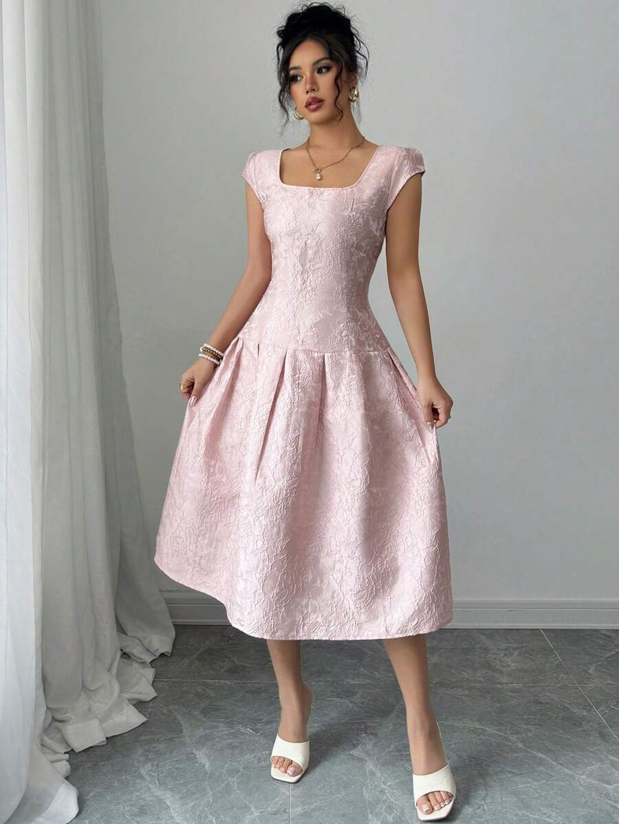 Elenzga 女式 2025 新款提花面料休闲中长连衣裙，优雅设计 - 粉色 - 查看 1