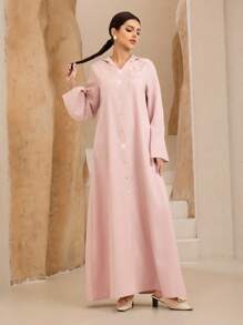 Graceveil Front Button Long Sleeve Casual Loose Minimalist Shoulder Floral Embroidered Dress Fall Cloth For Women - Pink - View 1