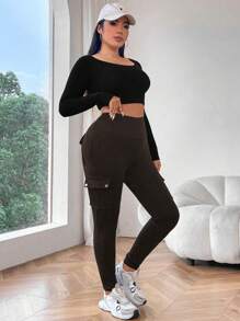 Flirla Pantalones cargo de talla grande unicolor con cintura alta y bolsillo con solapa