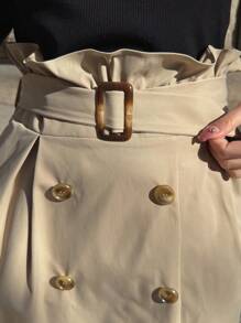 FRIFUL Women's Color Block Half-Turtleneck Waist Cinched Mid-Length Dress Sundress - Khaki - View 5