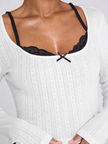 SHEIN BAE Women's Black And White Contrast Daily Casual Street Lace Long-Sleeved Bow Decoration Slim T-Shirt, Going Out Tops, Music Festival Wear - Grey - View 3