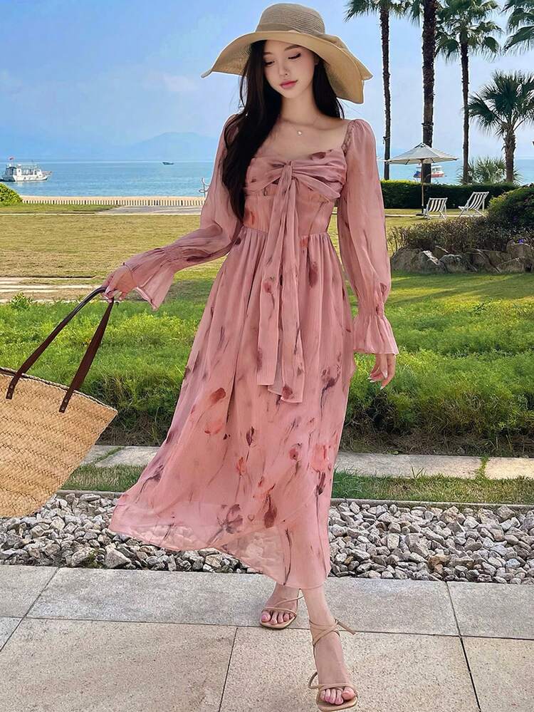 Rose Floral Print Chiffon Twist Tie Waist Midi Dress, Body-Fitting For Women,Ruffle,Fall Dress Long Sleeve Dress Vacation Outfits Women Easter Boho