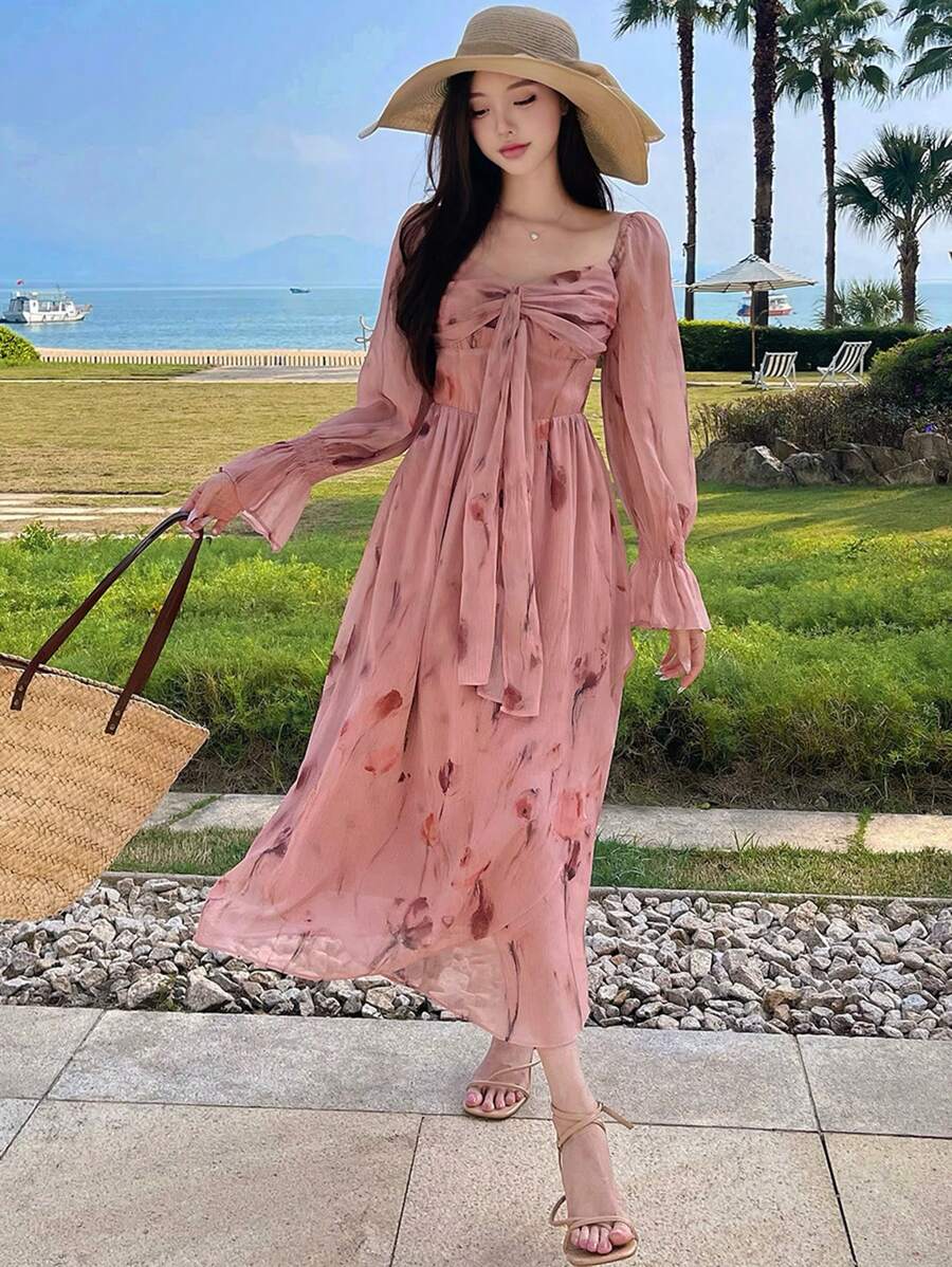 DAZY Đầm midi dáng ôm bằng chiffon in họa tiết hoa hồng, thắt eo xoắn, có bèo nhún, thích hợp cho nữ, kiểu dáng mùa thu, tay dài, trang phục đi nghỉ mát, lễ Phục sinh. - Hồng - Xem 1