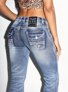 SHEIN PETITE Dam Casual Tvättade Pocket Flare Jeans - Blå - Visa 7