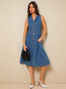 Poéselle Women's Blue Denim Dress, Retro Sleeveless Suit Collar, Single-Breasted Denim Dress, Waisted Mid-Length Dress, High-Quality Denim Fabric, Soft And Skin-Friendly, Breathable, Comfortable To Wear, Whether For Daily Commuting Or Casual Outings, This Dress Can Be Easily Matched To Show A Variety Of Styles. - Blue - View 1